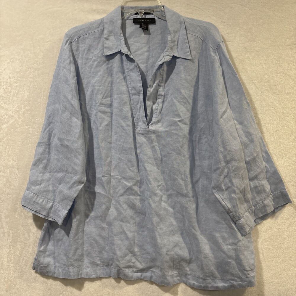 Tahari Linen Popover Collared Tunic Plus Size 2X Light Blue Coastal Minimalist